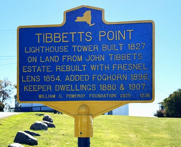 Pomeroy Foundation NYS historical marker for Tibbetts Point Lighthouse, Cape Vincent, NY.