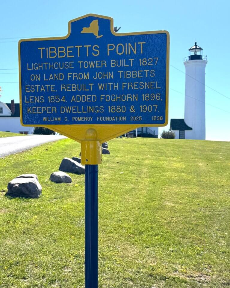 Pomeroy Foundation NYS historical marker for Tibbetts Point Lighthouse, Cape Vincent, NY.